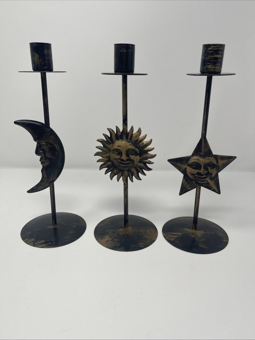 Celestial Candlestick Holders Vintage Set Of 3 Metal Sun Moon Star Whimsigoth